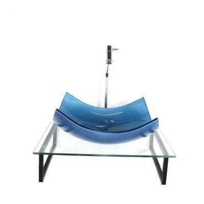 Kit Cuba De Vidro Retangular 10mm Azul Tampo 50cm Incolor Com Suporte Torneira Valvula
