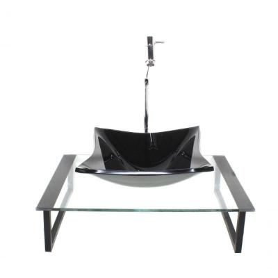 Kit Cuba De Vidro Quadrada 10mm Com Tampo 50cm Preto E Suporte Preto