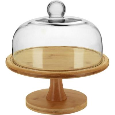 Prato Bolo Com Pé 27X26X26Cm Bambu Natural Tampa Vidro