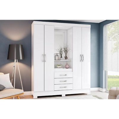 Guarda Roupa Solteiro 4 Portas e 3 Gavetas c/ Espelho e Pés Briz B24 Branco - Henn