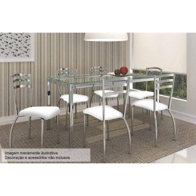 Sala de Jantar Completa Reno c/ Tampo Vidro 150x80cm e 6 Cairas Portugal Cromada - Assento Branco 106 - Kappesberg