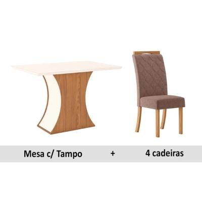 Sala de Jantar Completa Luiza Tampo Madeirado c/ Vidro Canto Reto 120x80cm e 4 Cadeiras Bella Nature/Marrom Amêndoa - Henn
