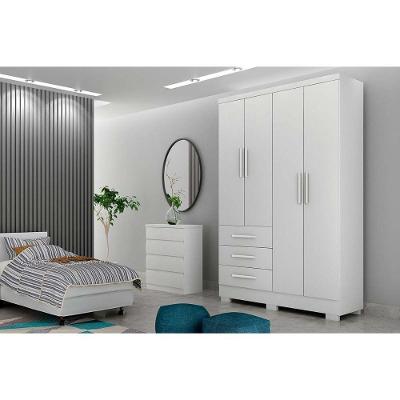 Guarda Roupa Solteiro 4 Portas e 3 Gavetas c/Espelho e Pés Encanto Branco - Novo Horizonte