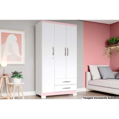 Guarda Roupa Solteiro 3 Portas e 2 Gavetas c/ Pés Açaí DA133 Branco/Rosa - Henn