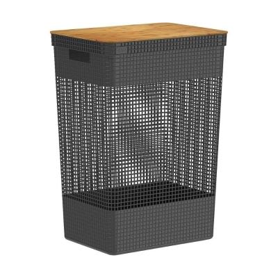Cesto De Roupas Com Tampa De Bambu Grid Ou 49 Litros Cor:preto