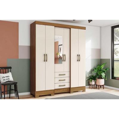 Guarda Roupa Solteiro 6 Portas e 3 Gavetas c/ Espelho e Pés Briz B23 Nature/Off White - Henn