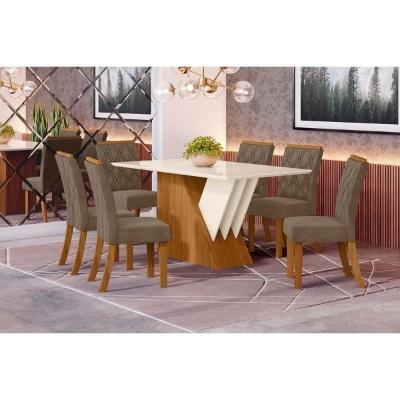 Sala de Jantar Completa Epic Tampo Madeirado c/ Vidro 160x90cm e 6 Cadeiras Vita Nature/Veludo Light Bege Vanilla - Henn