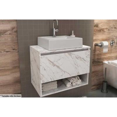 Conjunto De Banheiro Balcão Suspenso Bn3606 C- Cuba Pia Bn3600 60cm Cor Mármore Branco - Tecno Mobili