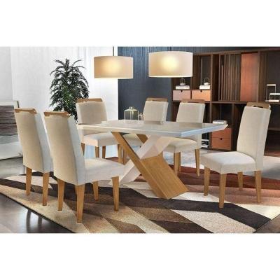 Sala De Jantar Completa Tampo Madeirado C/ Vidro Canto Reto 6 Cadeiras Athenas Imbuia/Veludo Creme