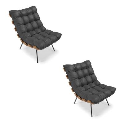 Kit 02 Poltronas Costela Corino Base Metálica Preto Preto