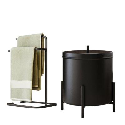 Kit Porta Toalha Duplo E Lixeira Para Banheiro Level Preto