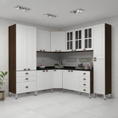 Armário De Cozinha Completa 8 Peças Com Tampos E Vidro Safira Luciane Móveis Nogueira-branco-preto