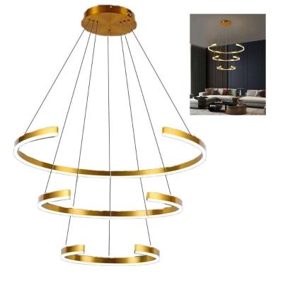 Lustre Luminaria Arco 3 Aneis Pendente Led Perfil Dourado Ambiente Sala De Jantar Restaurante Casa