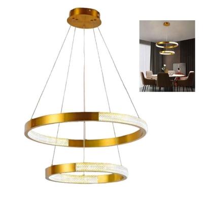 Lustre Pendente 2 Aneis Arco Cristal Dourado Luminaria 52w Led Iluminaçao Ambiente Sala De Estar