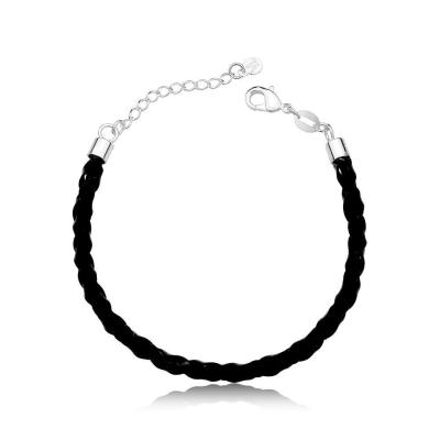 Pulseira De Couro Preto Trançado Com Ponteiras Prata