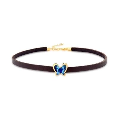 Choker Em Couro Com Borboleta-azul Revestida Em Ouro