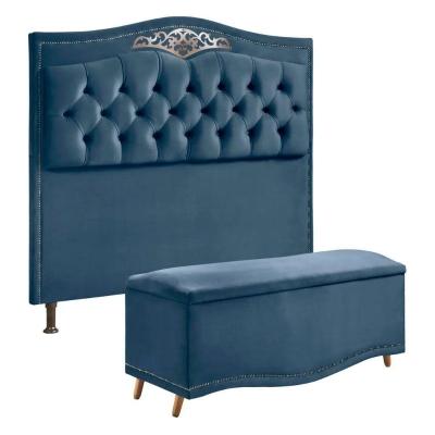 Conjunto Cabeceira E Calçadeira Holanda 140cm Veludo Luxor Azul Speciale Home Azul