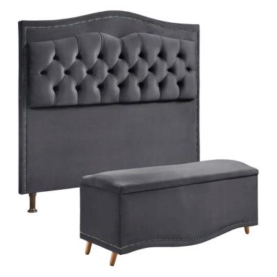 Conjunto Cabeceira E Calçadeira Holanda 140cm Veludo 2.0 Speciale Home Cinza Chumbo