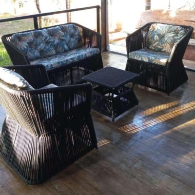 Conjunto De Sofá Em Corda Náutica Bambu - 1 Sofá, 2 Poltronas,1 Mesa Centro Tecido Palmares Petróleo
