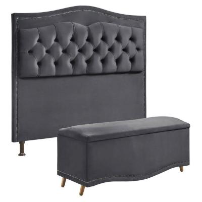 Conjunto Cabeceira E Calçadeira Holanda 1,60 Cm Veludo 2.0 Speciale Home Cinza Chumbo