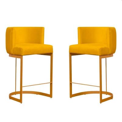 Kit 2 Banquetas Decorativas Para Cozinha Em Suede Amarelo Com Base Dourada Amarelo Com Dourado