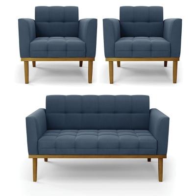 Namoradeira Com 2 Poltronas Base De Madeira Castanho Elisa Suede D03 - D\'rossi Cor Azul Marinho