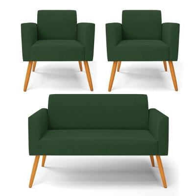 Sofá Namoradeira Com 2 Poltronas Pés Palito Castanho Marisa Veludo D03 - D\'rossi Cor Verde