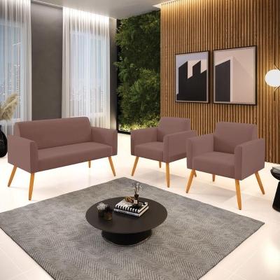 Sofá Namoradeira Com 2 Poltronas Pés Palito Castanho Marisa Veludo D03 - D\'rossi Cor Rose