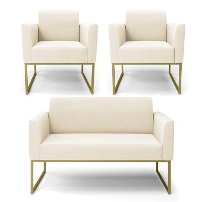 Sofá Namoradeira Com 2 Poltronas Base Industrial Dourado Marisa Veludo D03 - D\'rossi Cor Bege