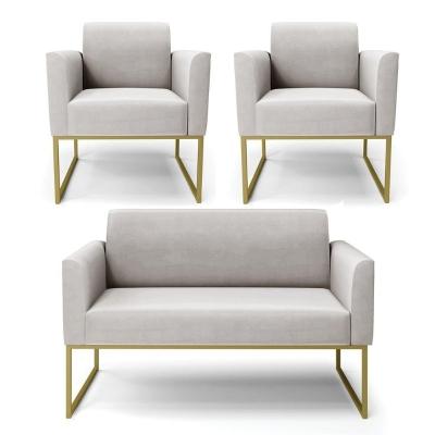 Sofá Namoradeira Com 2 Poltronas Base Industrial Dourado Marisa Veludo D03 - D\'rossi Cor Cinza