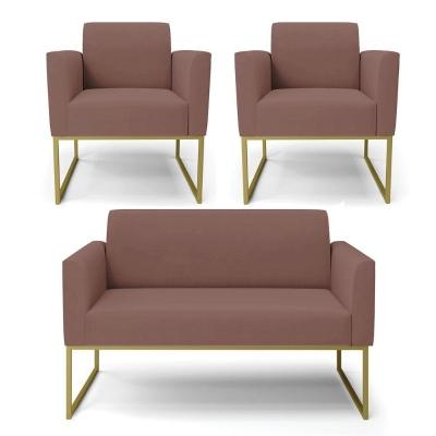 Sofá Namoradeira Com 2 Poltronas Base Industrial Dourado Marisa Veludo D03 - D\'rossi Cor Rose