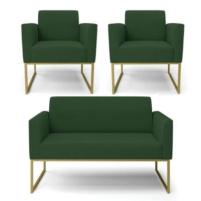 Sofá Namoradeira Com 2 Poltronas Base Industrial Dourado Marisa Veludo D03 - D\'rossi Cor Verde