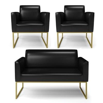 Sofá Namoradeira Com 2 Poltronas Base Industrial Dourado Marisa Corano D03 - D\'rossi Cor Preto