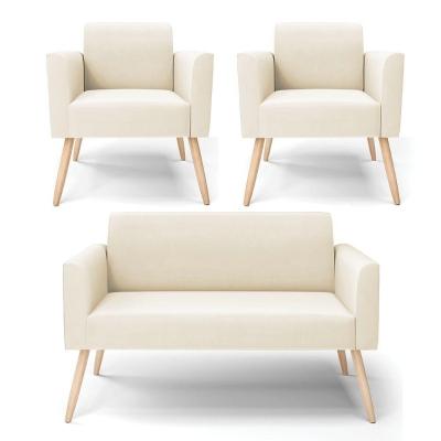 Sofá Namoradeira Com 2 Poltronas Pés Palito Natural Marisa Veludo D03 - D\'rossi Cor Bege