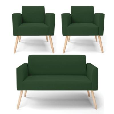 Sofá Namoradeira Com 2 Poltronas Pés Palito Natural Marisa Veludo D03 - D\'rossi Cor Verde