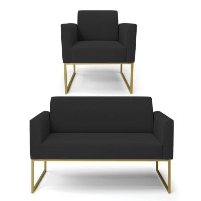 Sofá Namoradeira Com Poltrona Base Industrial Dourado Marisa Veludo D03 - D\'rossi Cor Preto