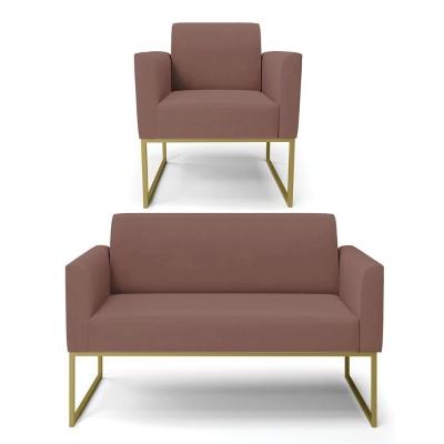 Sofá Namoradeira Com Poltrona Base Industrial Dourado Marisa Veludo D03 - D\'rossi Cor Rose