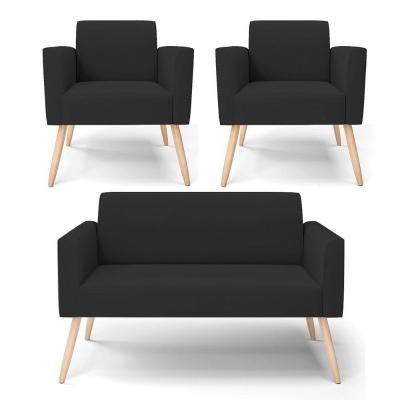 Sofá Namoradeira Com 2 Poltronas Pés Palito Natural Marisa Veludo D03 - D\'rossi Cor Preto