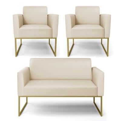 Sofá Namoradeira Com 2 Poltronas Base Industrial Dourado Marisa Corino D03 - D\'rossi Cor Bege