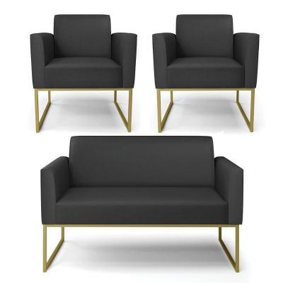 Sofá Namoradeira Com 2 Poltronas Base Industrial Dourado Marisa Corino D03 - D\'rossi Cor Preto