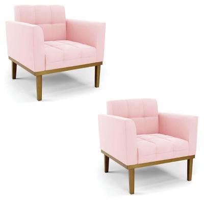 Poltrona Base De Madeira Fixa Castanho Kit 2 Elisa Suede D03 - D\'rossi Cor Rosa Bebê