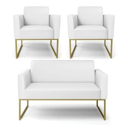 Sofá Namoradeira Com 2 Poltronas Base Industrial Dourado Marisa Corino D03 - D\'rossi Cor Branco