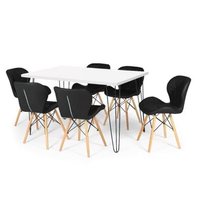 Conjunto Mesa De Jantar Hairpin 130x80 Branca Com 6 Cadeiras Eiffel Slim - Preto
