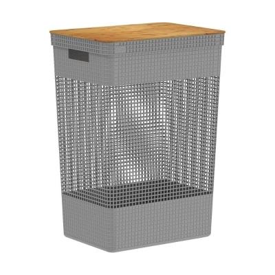 Cesto De Roupas Com Tampa De Bambu Grid Ou 49 Litros Cor:chumbo
