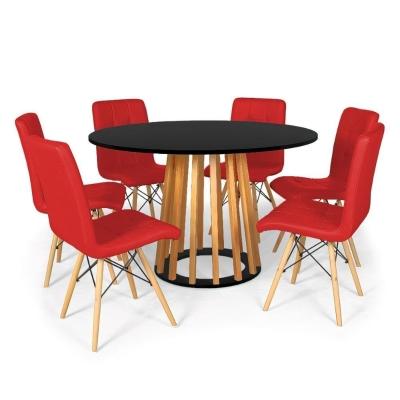 Conjunto Mesa De Jantar Preta 120cm 6 Cadeiras Vermelho