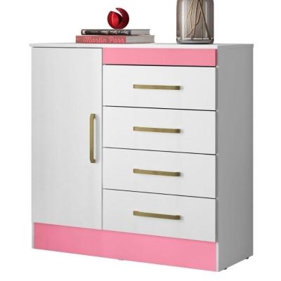 Cômoda P/ Quarto 1 Porta 4Gav D02 Branco/Rosa/Branco