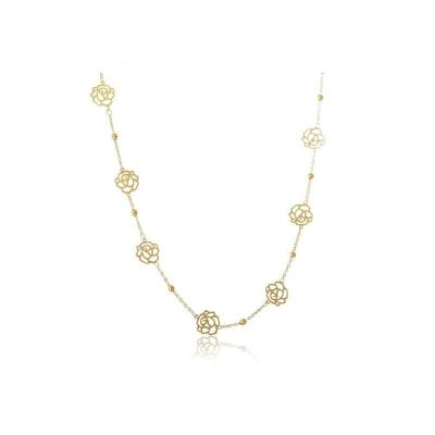 Colar Longo Com Bolinha E Flor Folheado Em Ouro 18k [f027]