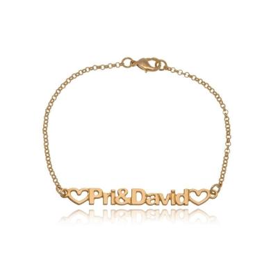 Pulseira Com Nome Do Casal E Corações Vazados Folheado Em Ouro 18k [f027]