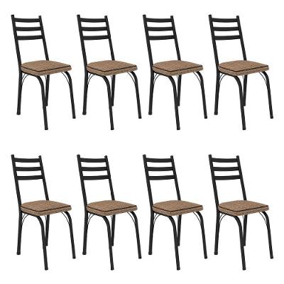 Kit 8 Cadeiras De Cozinha Luisiana Estampado Rattan Bege Pés De Ferro Preto - Pallazio