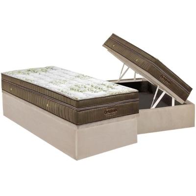 Cama Box Baú Solteiro: Colchão Molas Ortobom Superpocket Gold Visco Ultragel Pilow Touch + Base Crc Suede Clean(88x188)